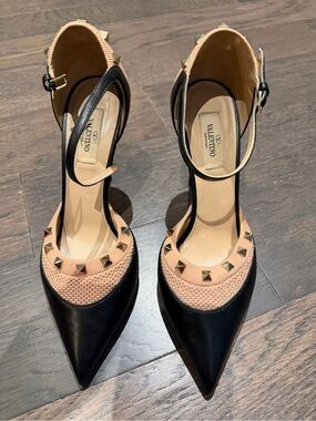 Valentino Black and Nude Studded Pointed Ankle-Strap Heels